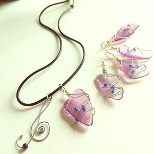 Purple sea glass & initial charm necklace